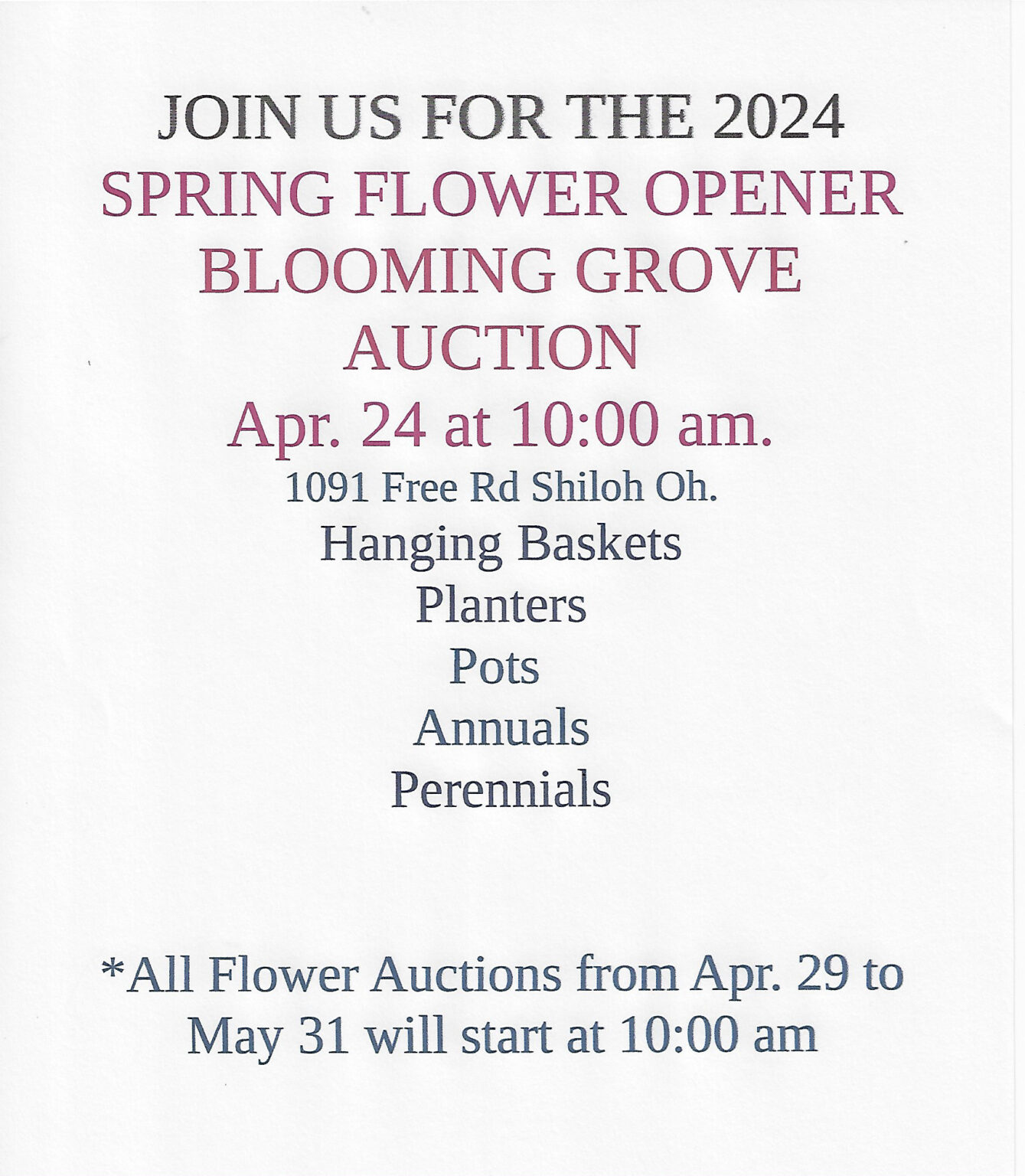 SPECIAL EVENTS Blooming Grove Auction